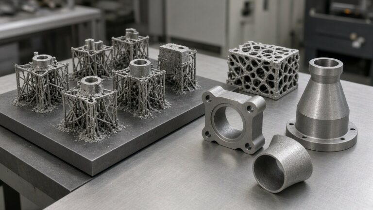 Additive metal parts on build plate with finished components