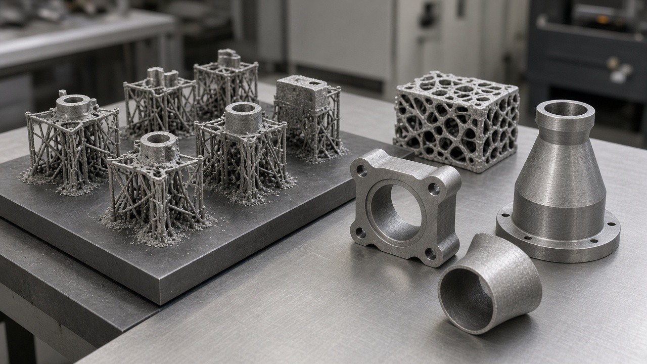 Additive metal parts on build plate with finished components