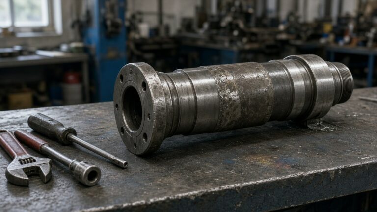 Rebuilt shaft and tools on maintenance shop bench
