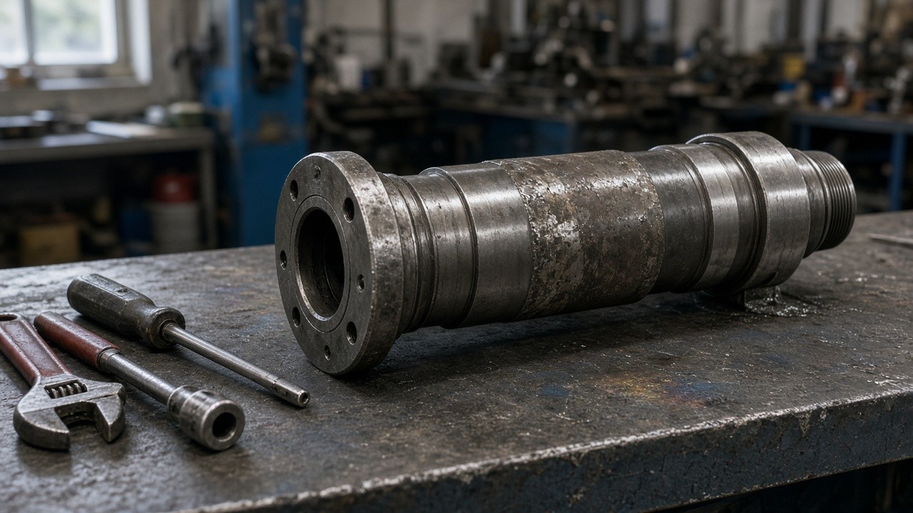 Rebuilt shaft and tools on maintenance shop bench