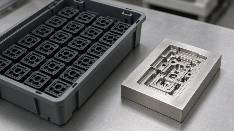 Steel mold insert beside tray of molded parts