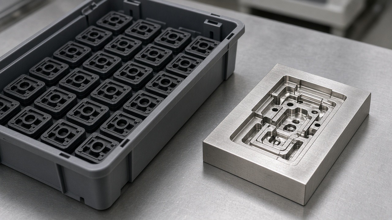 Steel mold insert beside tray of molded parts
