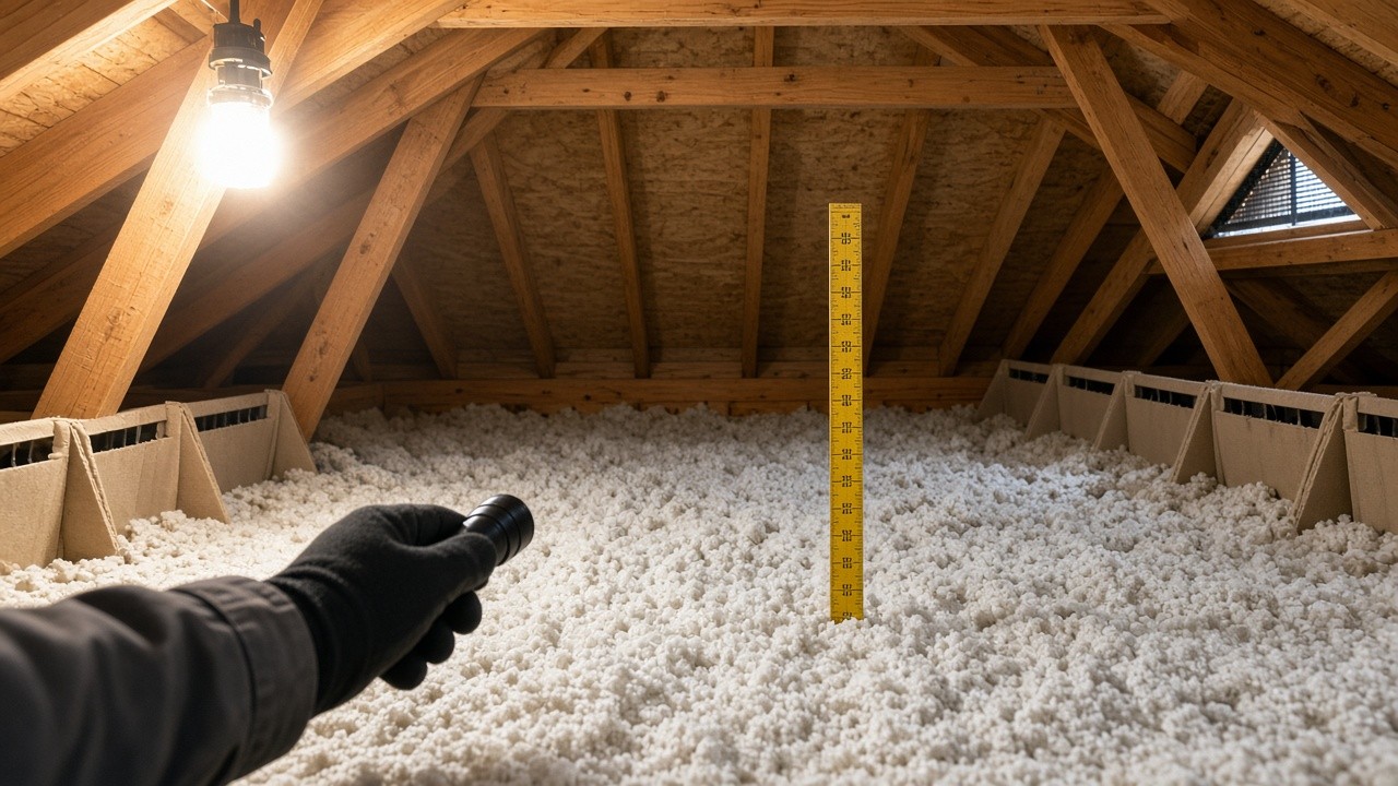 Even layer of blown-in attic insulation with a depth ruler and clear eave baffles