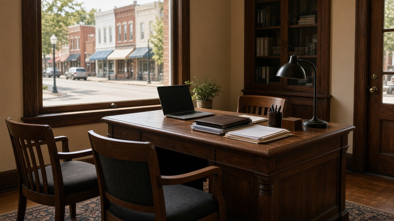 Wooden desk and client chairs in a small Main Street insurance office