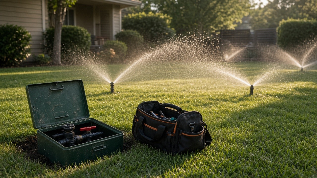Sprinkler heads watering a lawn beside an open valve box and tool bag