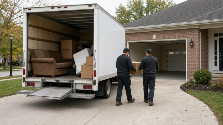 Junk removal crew loading a box truck with an old couch and boxes from an Iowa garage