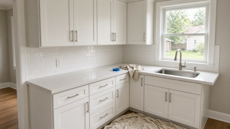 Newly remodeled kitchen in an Iowa home with painted cabinets, quartz counters, and daylight from a window