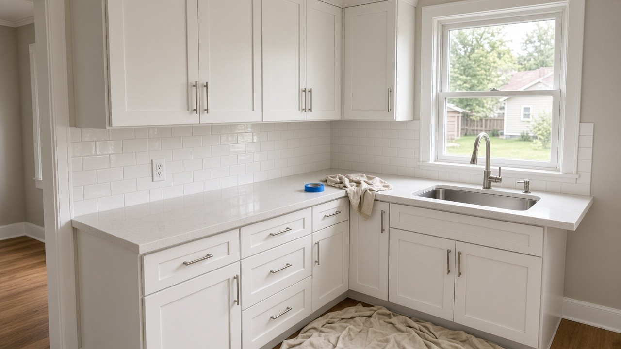Newly remodeled kitchen in an Iowa home with painted cabinets, quartz counters, and daylight from a window