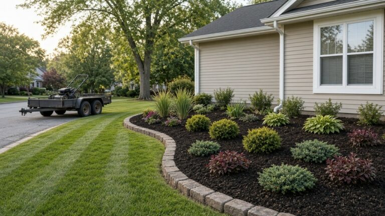 Fresh mulch bed with stone edging and a striped lawn at a Midwest home, mower trailer at the curb