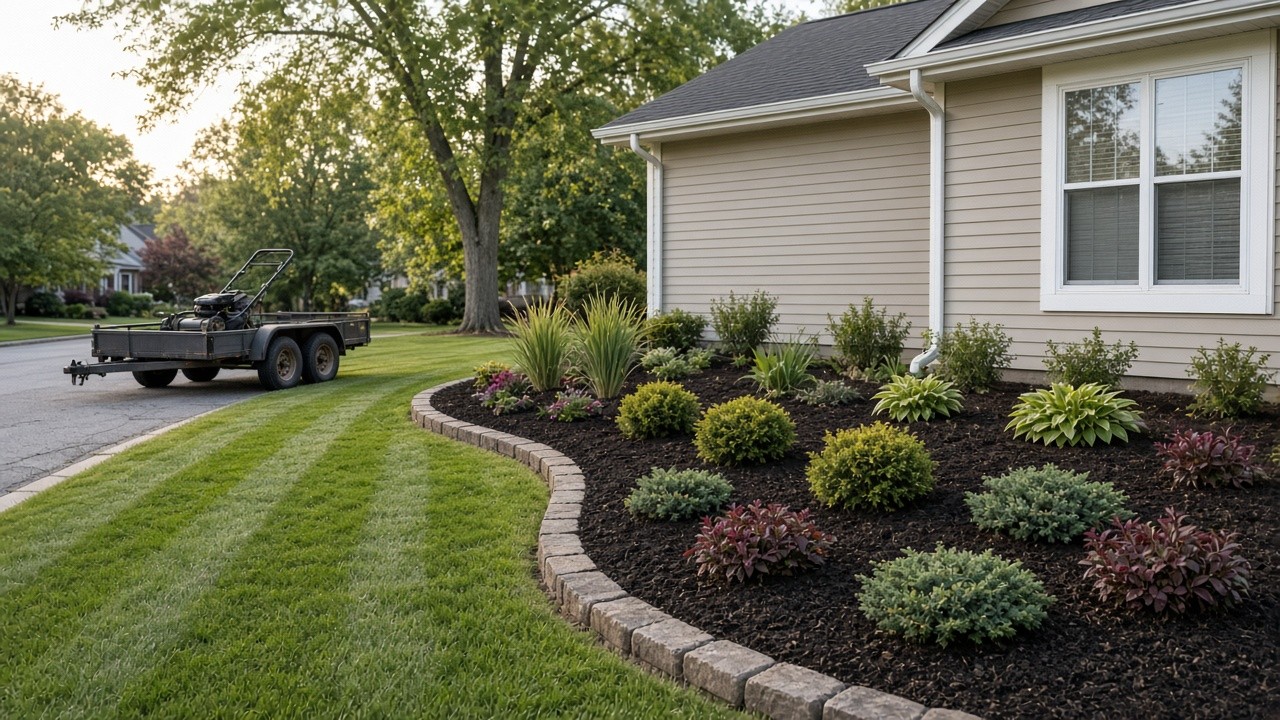 Fresh mulch bed with stone edging and a striped lawn at a Midwest home, mower trailer at the curb