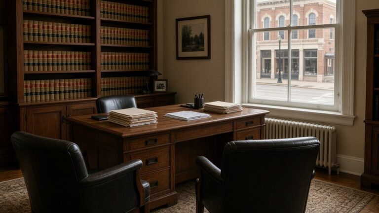 Small-town law office with a wooden desk, law books, and a window onto a brick main street