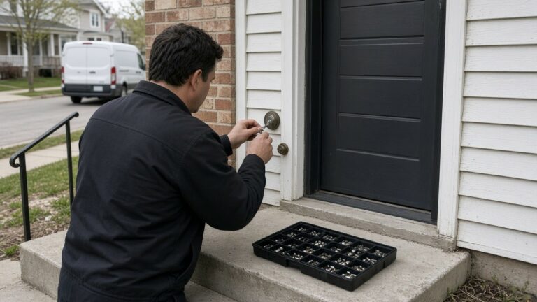 Locksmith rekeying a front door lock at an Iowa house, work van at the curb