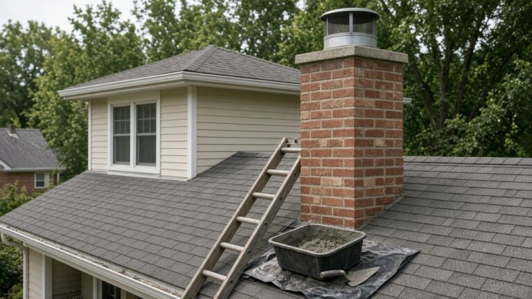 Freshly tuckpointed brick chimney with a new cap, mortar tub and ladder on the roof
