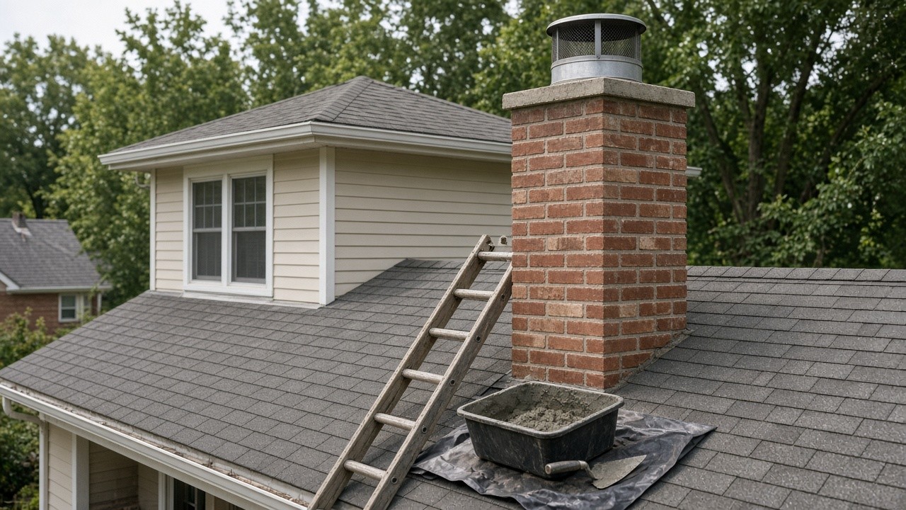 Freshly tuckpointed brick chimney with a new cap, mortar tub and ladder on the roof