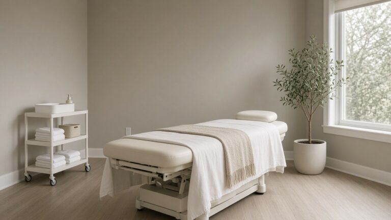 Calm, clean med spa treatment room with fresh linens and diffused daylight