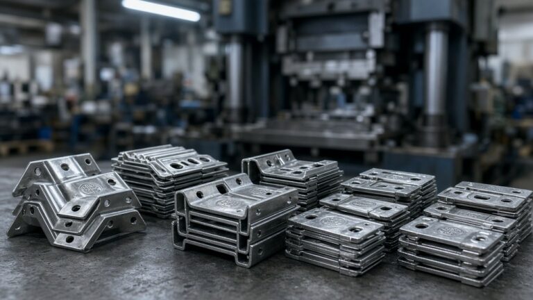 Stacks of stamped brackets near a press