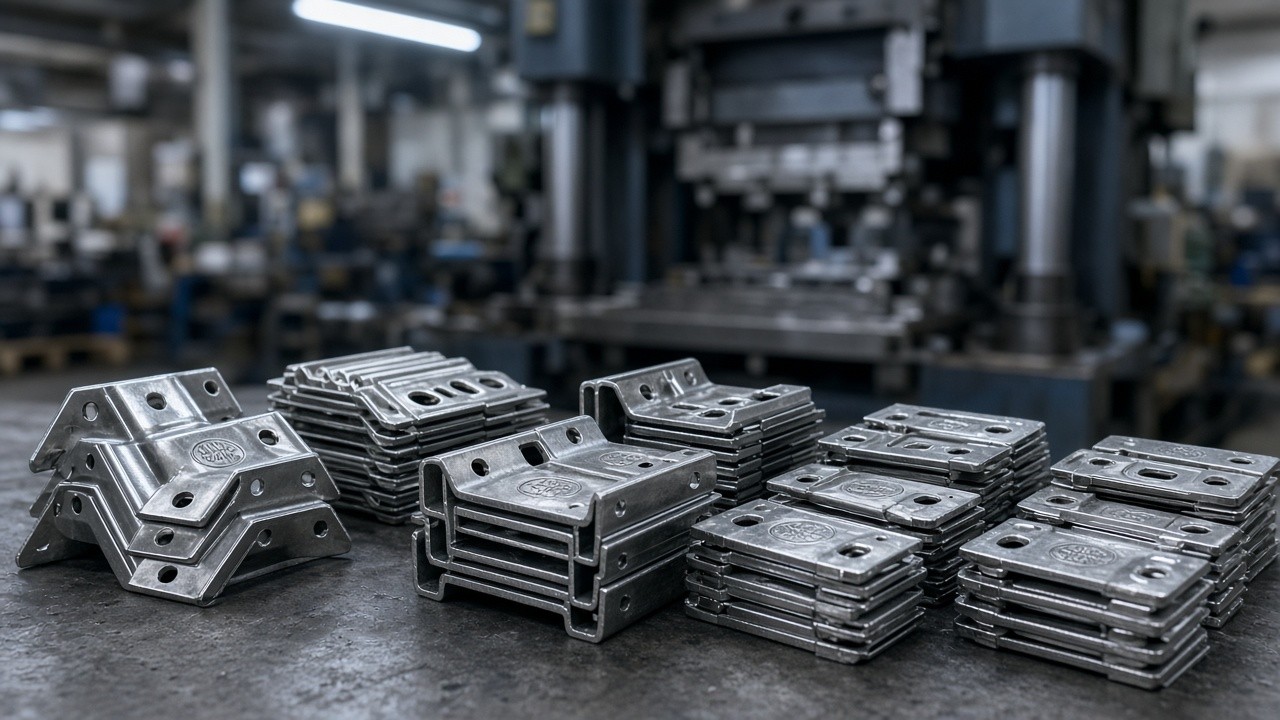 Stacks of stamped brackets near a press