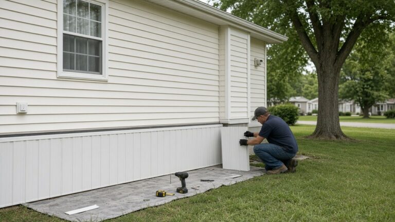 Technician fitting new vinyl skirting on a manufactured home