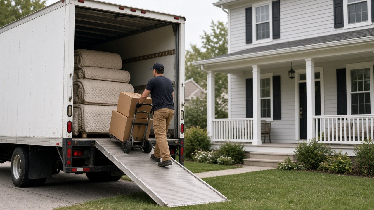 Mover wheeling boxes up a ramp into a moving truck outside a Midwest home
