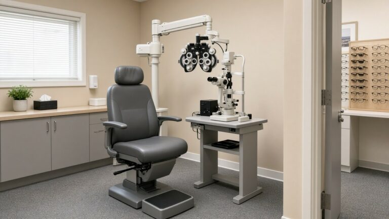 Optometry exam chair with a phoropter and slit lamp, eyeglass frames in the next room