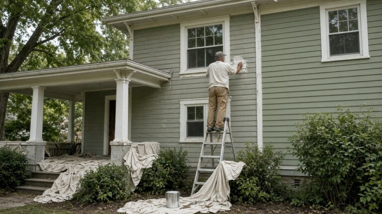 Painter prepping trim on an older Iowa house exterior, drop cloths and ladder in place