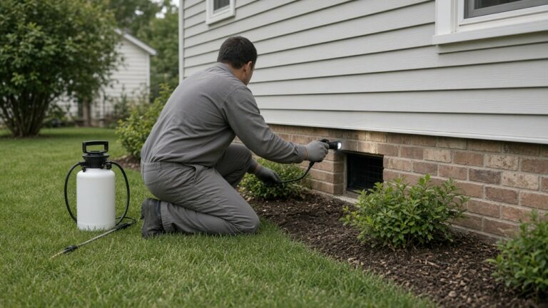 Pest control technician inspecting the foundation of an Iowa house with a flashlight
