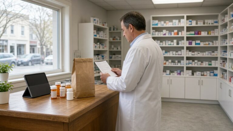 Pharmacist in a white coat reading a prescription at a wooden pharmacy counter with orange pill bottles, a paper pickup bag, and a tablet