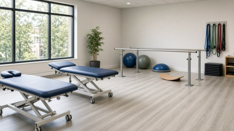 Physical therapy gym with treatment tables, parallel bars, and exercise balls