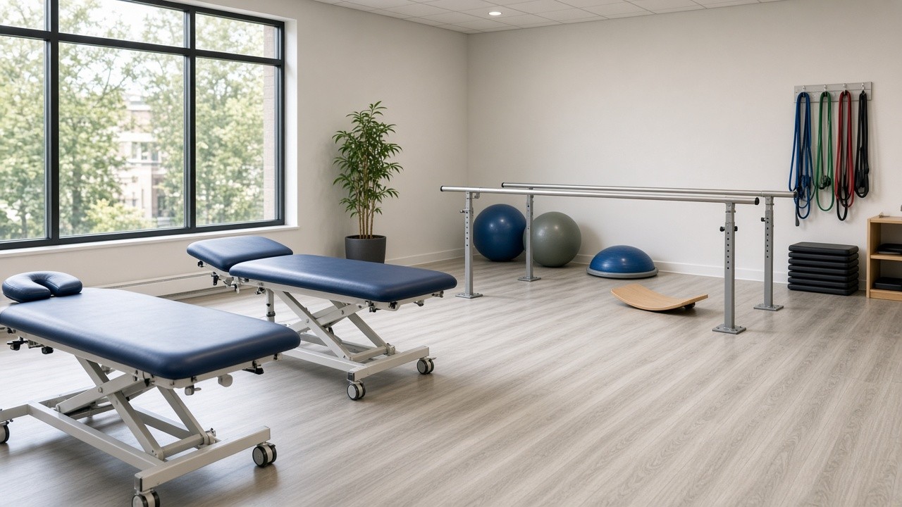 Physical therapy gym with treatment tables, parallel bars, and exercise balls