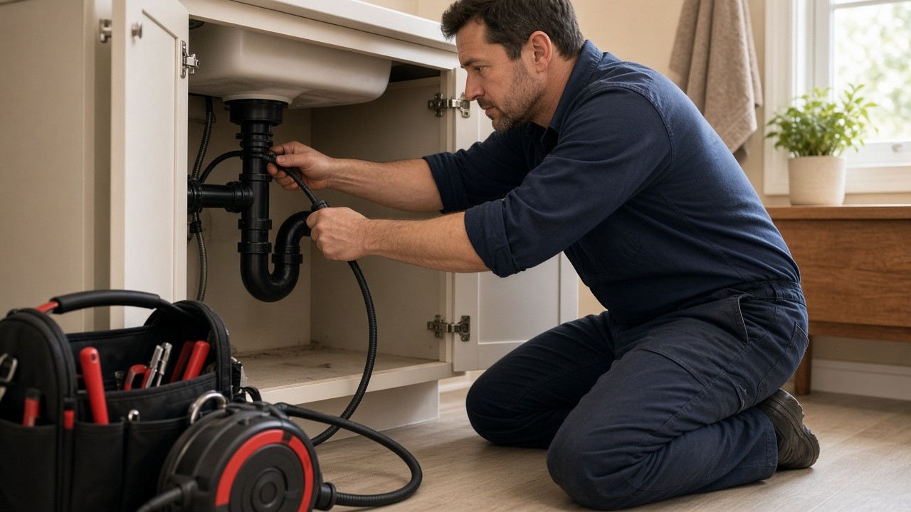 Plumber under sink clearing a drain — services, towns, and call path in plain text