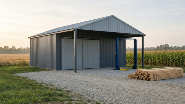 New steel-sided pole barn on a gravel pad beside an Iowa cornfield at sunrise