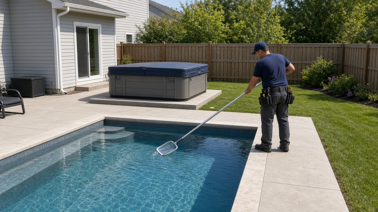 Pool technician skimming a backyard pool beside a covered hot tub