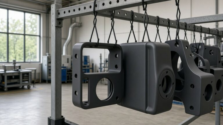 Matte coated parts hanging on finishing rack