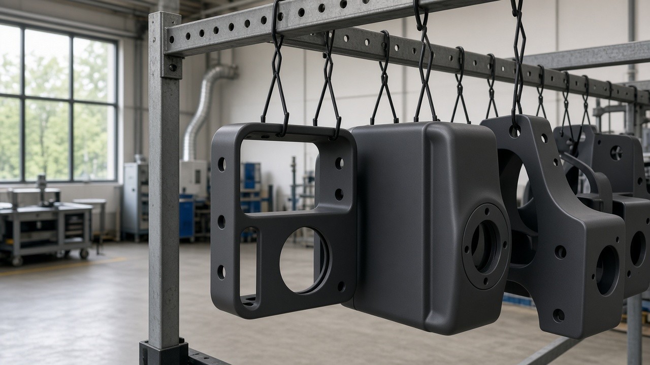 Matte coated parts hanging on finishing rack