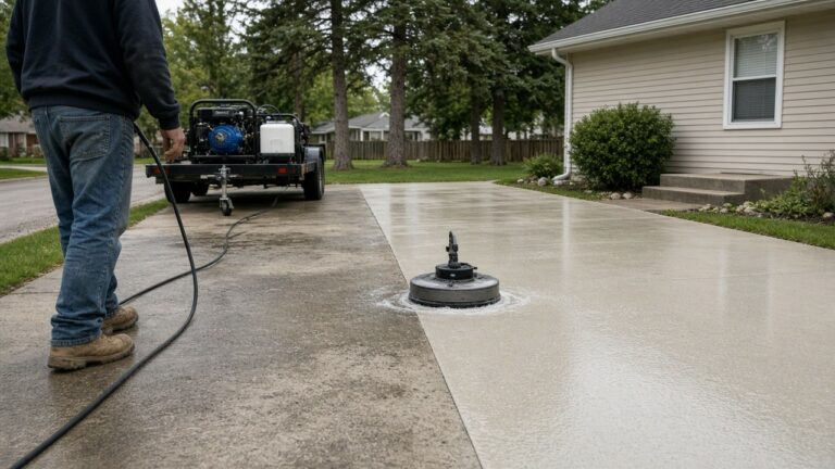 Surface cleaner leaving a clean stripe across a dirty concrete driveway