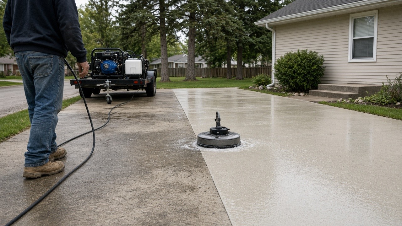 Surface cleaner leaving a clean stripe across a dirty concrete driveway