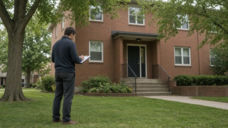 Property manager with a clipboard doing a walk-through at a brick apartment building