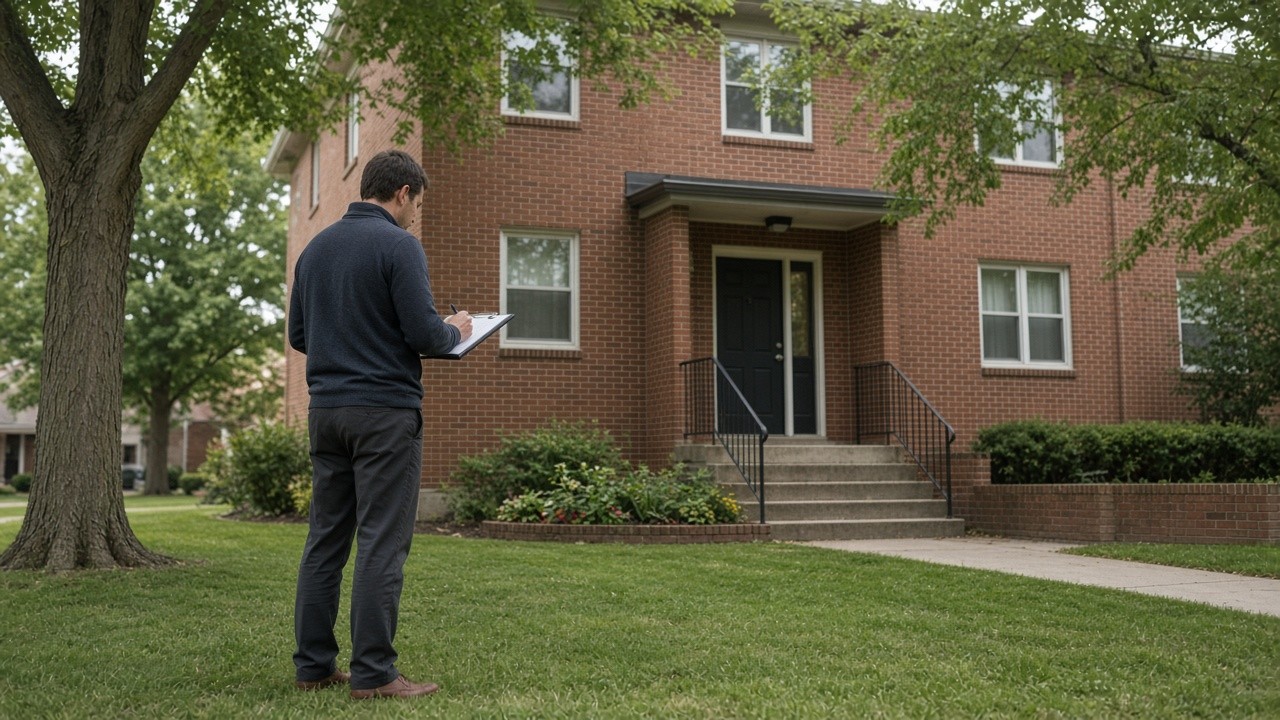 Property manager with a clipboard doing a walk-through at a brick apartment building