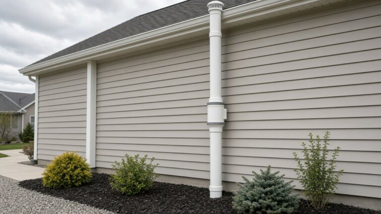White radon vent pipe and fan on the side of a house