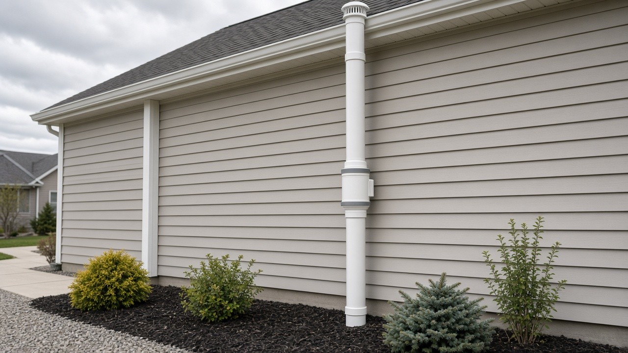 White radon vent pipe and fan on the side of a house