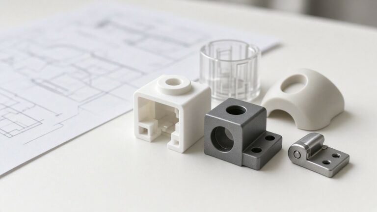 Plastic and metal prototypes beside blurred CAD print