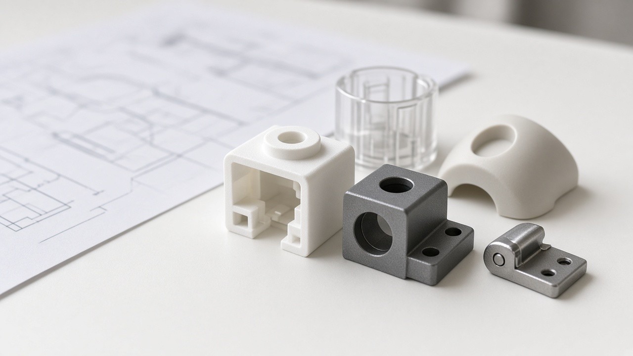 Plastic and metal prototypes beside blurred CAD print