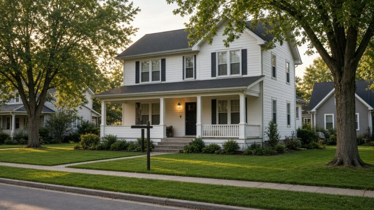 Two-story white house with a front porch on a tree-lined street