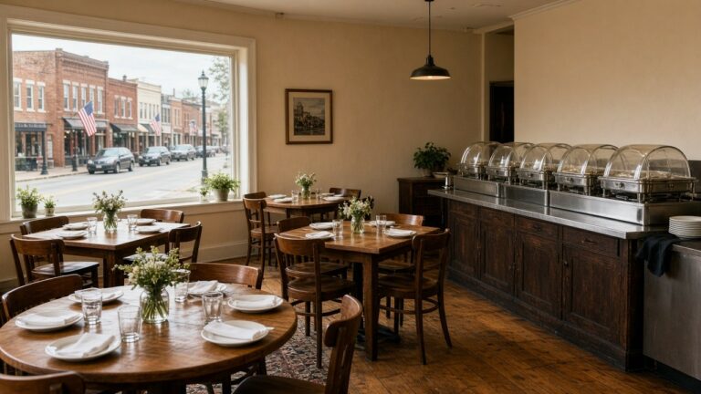 Small-town restaurant dining room with catering trays set out along the counter