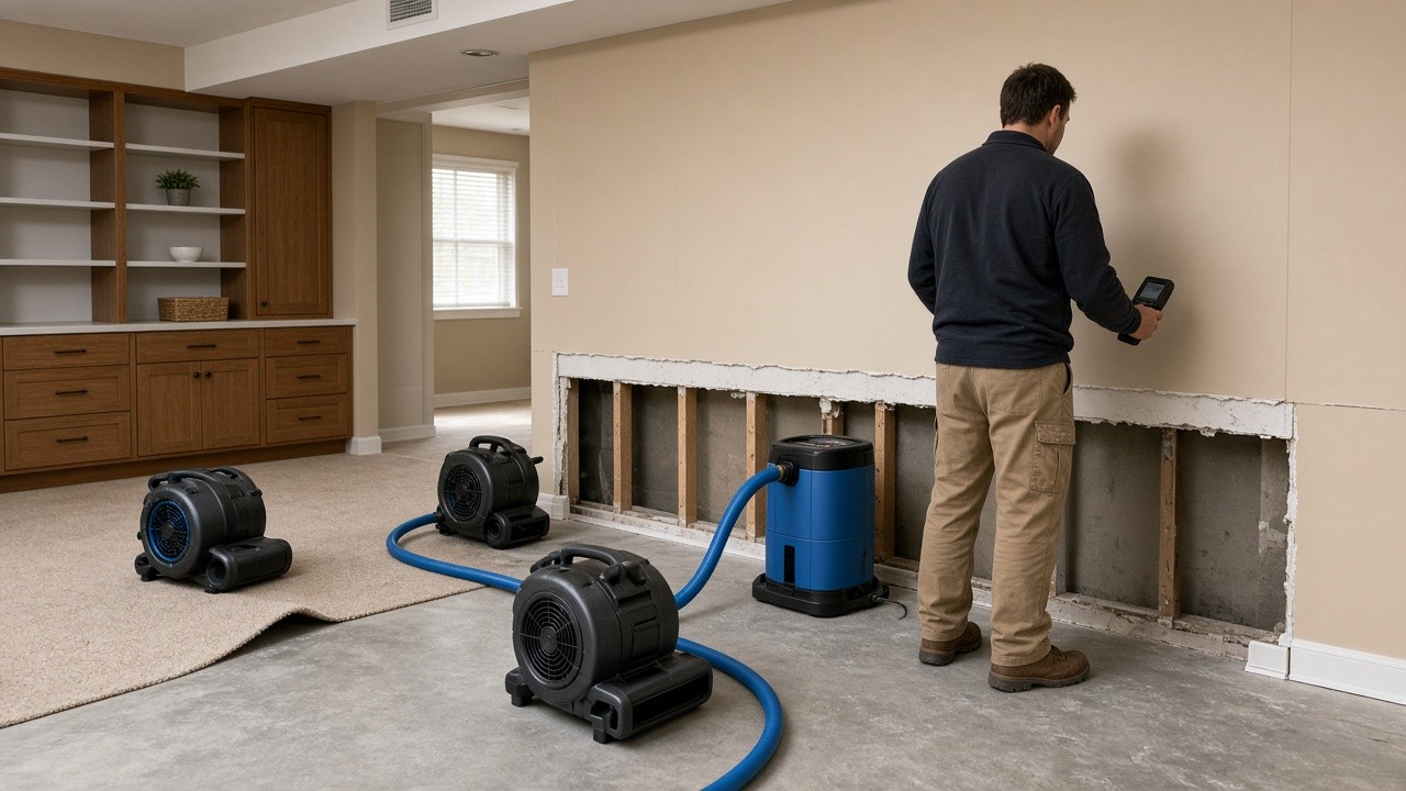 Technician checking a wall with a moisture meter while air movers dry a basement