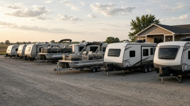 Travel trailers and pontoon boats lined up on a small dealer lot at sunset