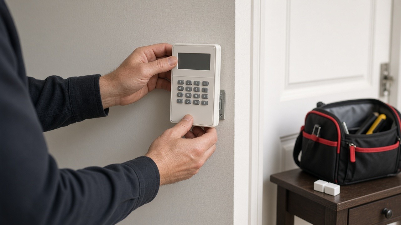 Technician mounting an alarm keypad beside a front door