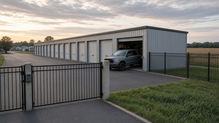 Self-storage units with roll-up doors behind a keypad gate at the edge of an Iowa town