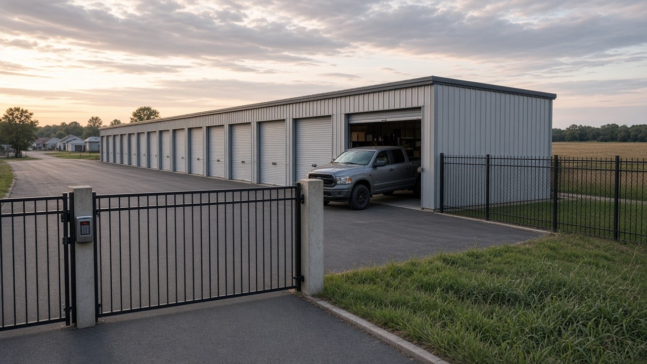 Self-storage units with roll-up doors behind a keypad gate at the edge of an Iowa town