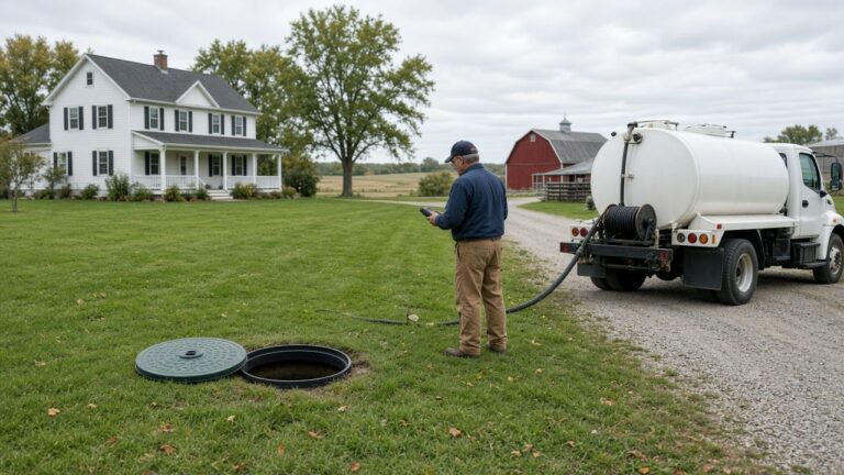Septic pump truck beside an open tank lid in the yard of a rural Iowa farmhouse